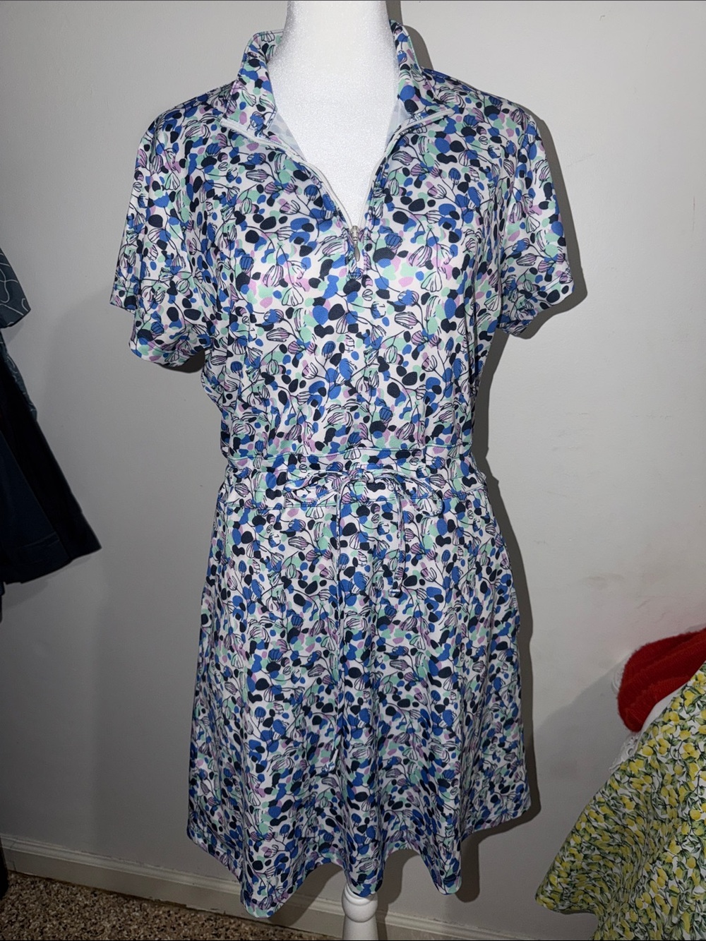 Short-Sleeve Floral Zip-Front Mini Dress in Blue and Purple